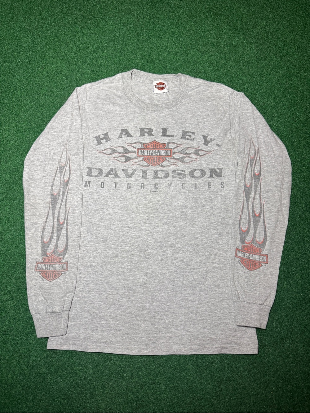 Harley Long Sleeve Flame T Shirt Gray Biker Y2K Logo Small Grunge Hip Hop Erie